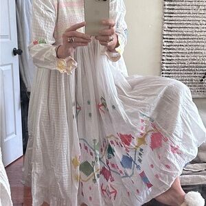 White Midi Dress with Multicolor Embroidery - Handmade Silk/Cotton